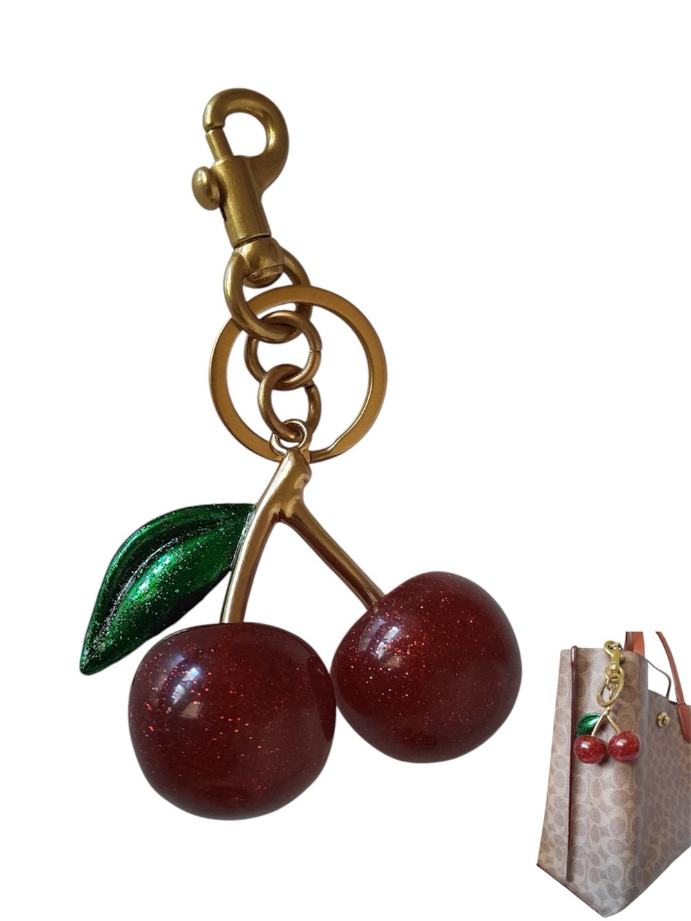 Red Resin Cherry Bag Charm Green Leaf Large Glitter Purse Keychain